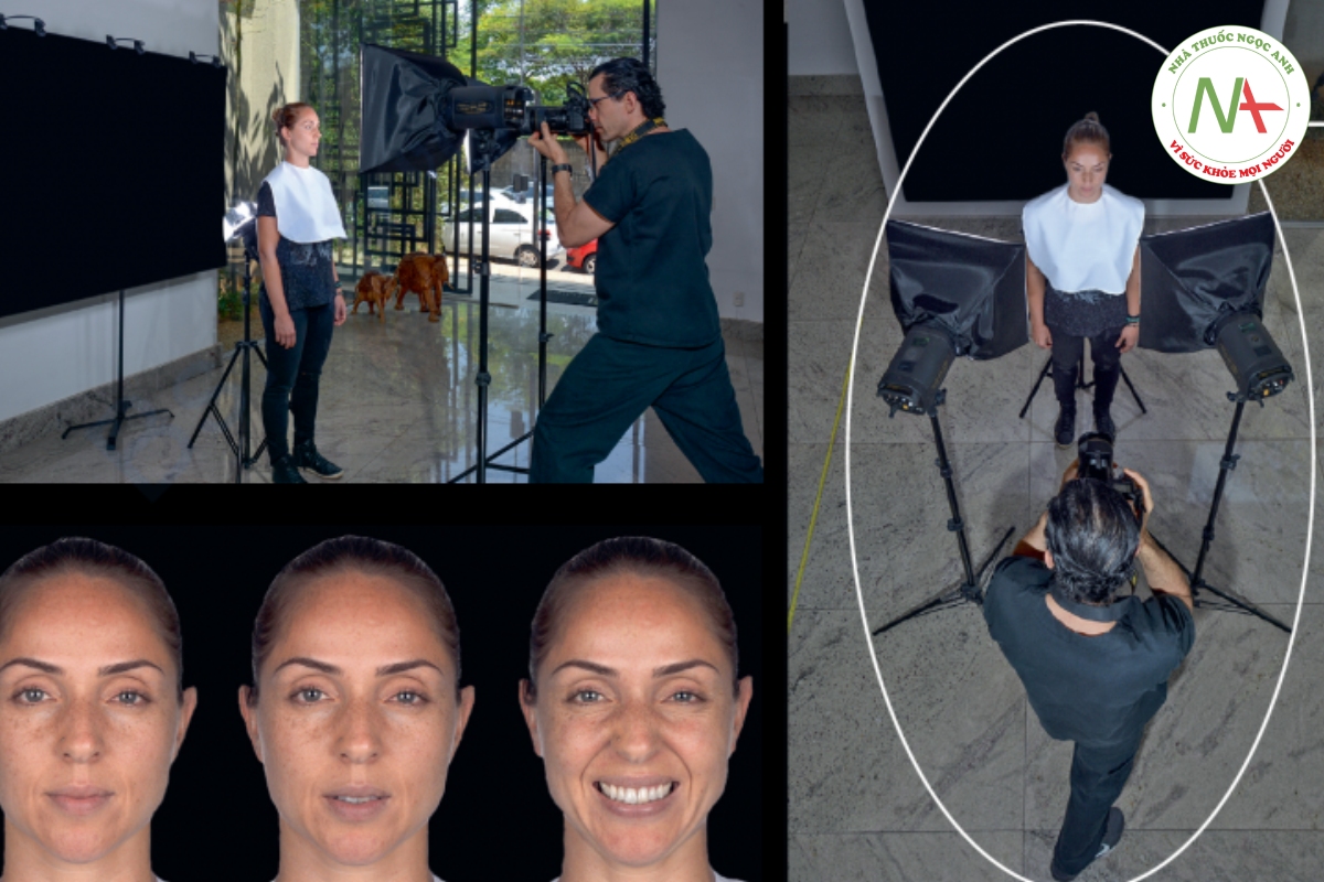 Hình 2-5 Chụp chính diện: Người chụp nên cong đầu gối sao cho máy ảnh song song với mặt đất và ngang tầm với khuôn mặt của bệnh nhân. Đèn flash được bố trí gần như vuông góc với khuôn mặt.