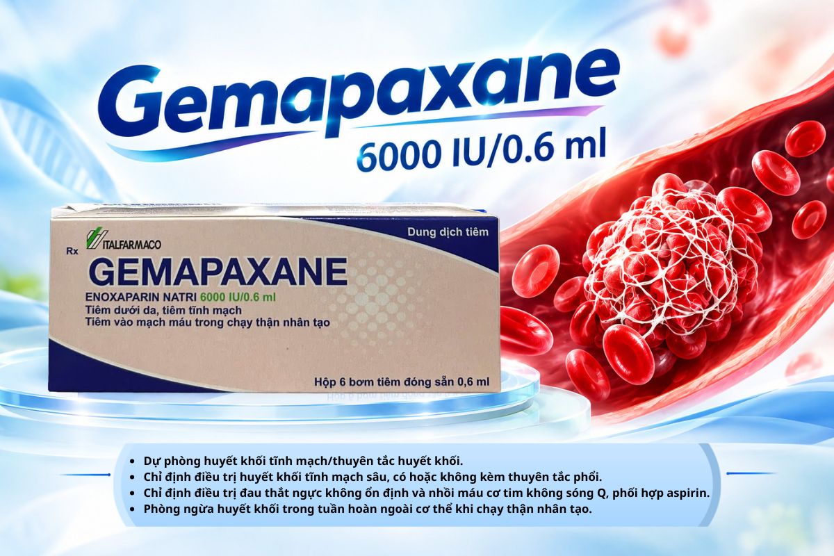 Gemapaxane 6000 IU/0.6 ml 6 Thuốc Gemapaxane 6000 IU/0.6ml điều trị và dự phòng huyết khối tĩnh mạch; điều trị đau thắt ngực, nhồi máu cơ tim không sóng Q; phòng huyết khối khi chạy thận nhân tạo.