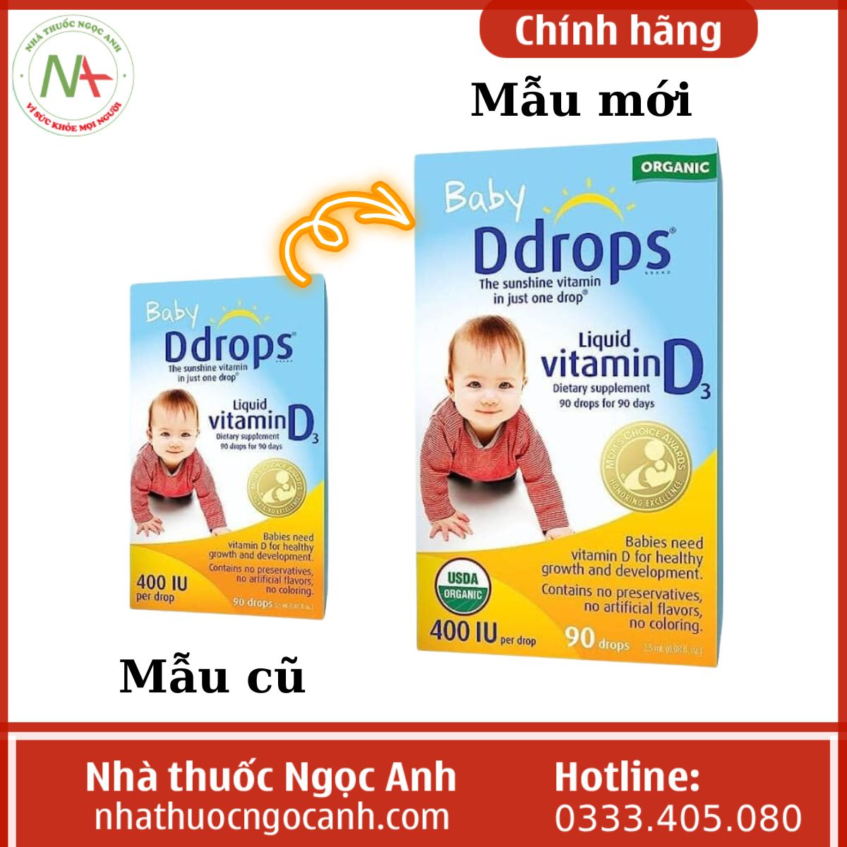 Baby Ddrops Vitamin D3 400 IU mẫu mới - cũ