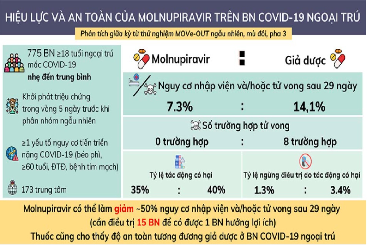 Hình ảnh: Hiệu lực và an toàn của Molnupiravir trên bệnh nhân Covid-19 ngoại trú. Ảnh Dược sĩ Bảo Uyên, Dược sĩ Thanh Tuyền