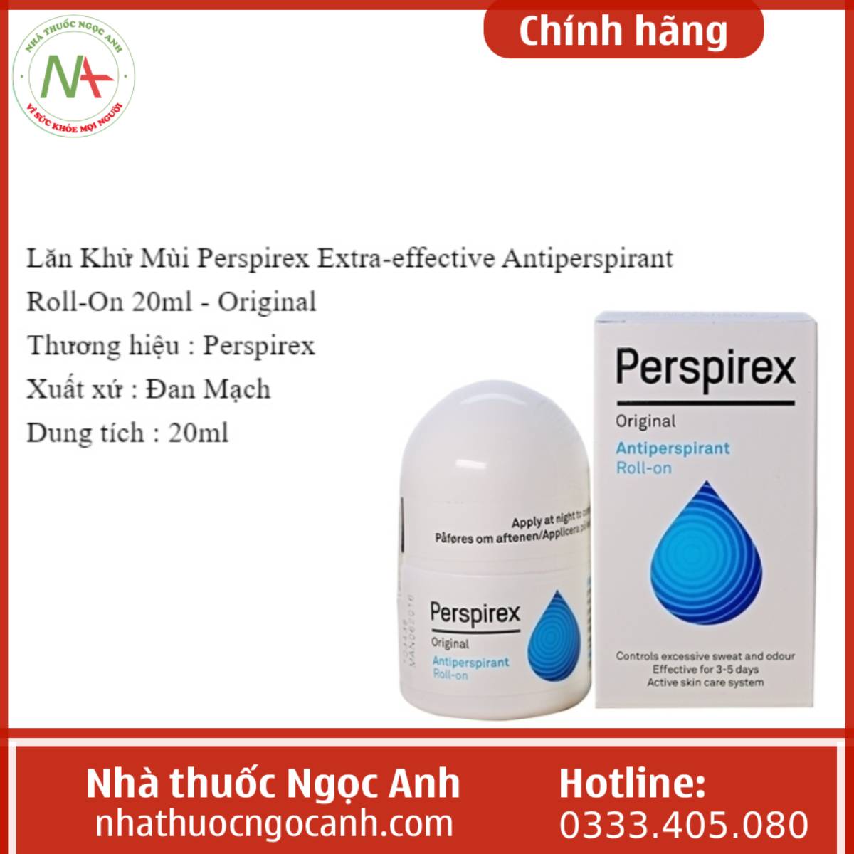 Lăn khử mùi Perspirex Original Antiperspirant Roll-On 20ml giúp giảm mồ hôi nách