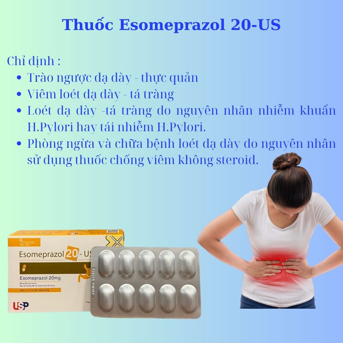 Thuốc Esomeprazol 20-US điều trị bệnh lý về viêm loét dạ dày