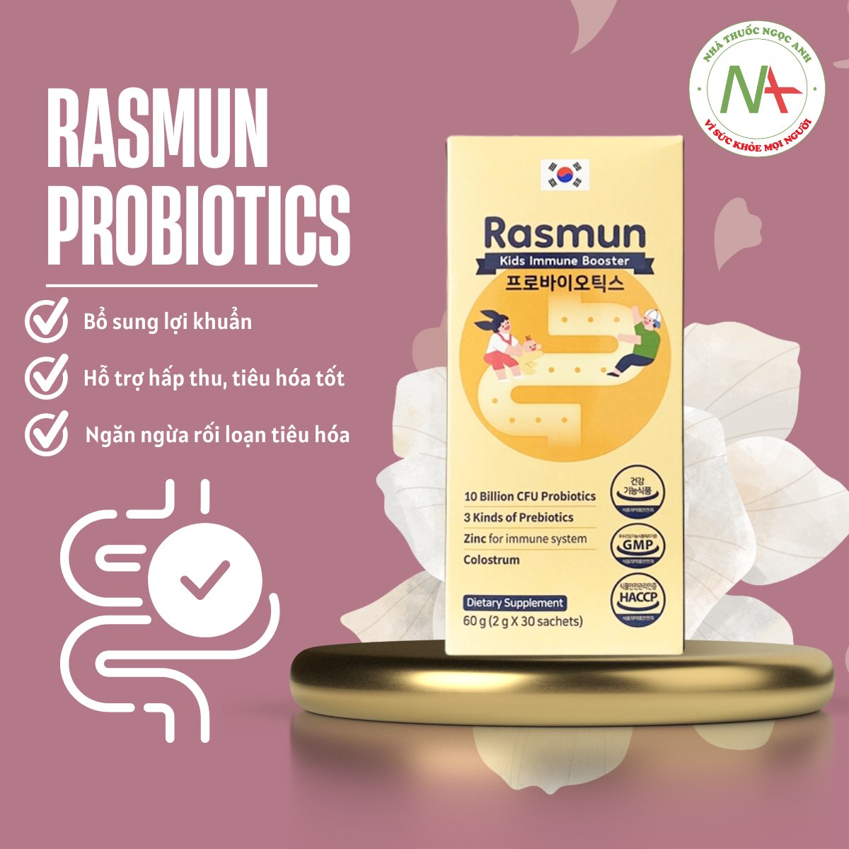 Rasmun Probiotics giúp bổ sung lợi khuẩn và chất xơ, hỗ trợ ngăn ngừa rối loạn tiêu hóa