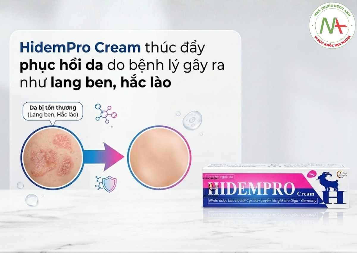 HidemPro Cream 3 HidemPro Cream thúc đẩy phục hồi da do bệnh lý gây ra như lang ben, hắc lào, nấm da, ghẻ nước