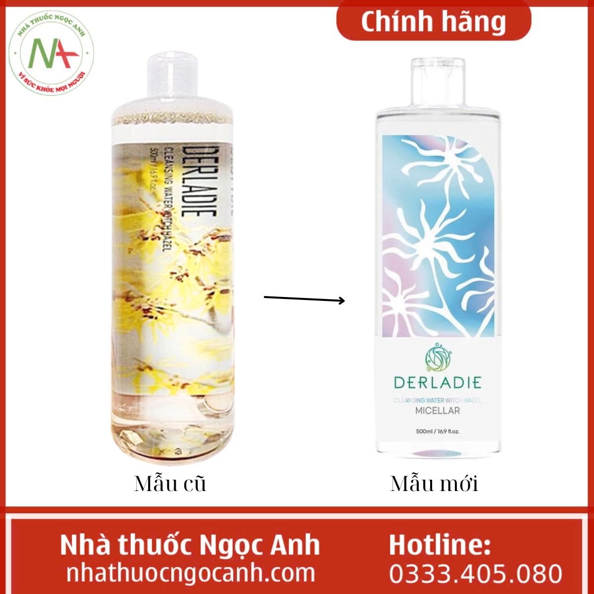 Thông báo thay đổi bao bì Derladie Cleansing Water Witch Hazel 500ml 