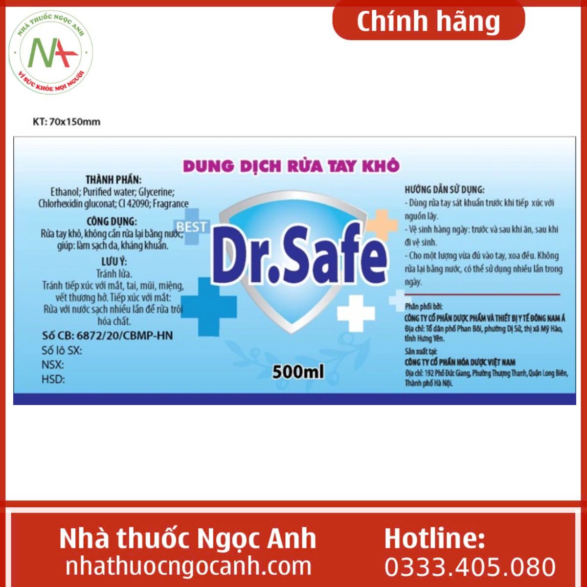 Dung dịch rửa tay khô Dr.Safe 500ml