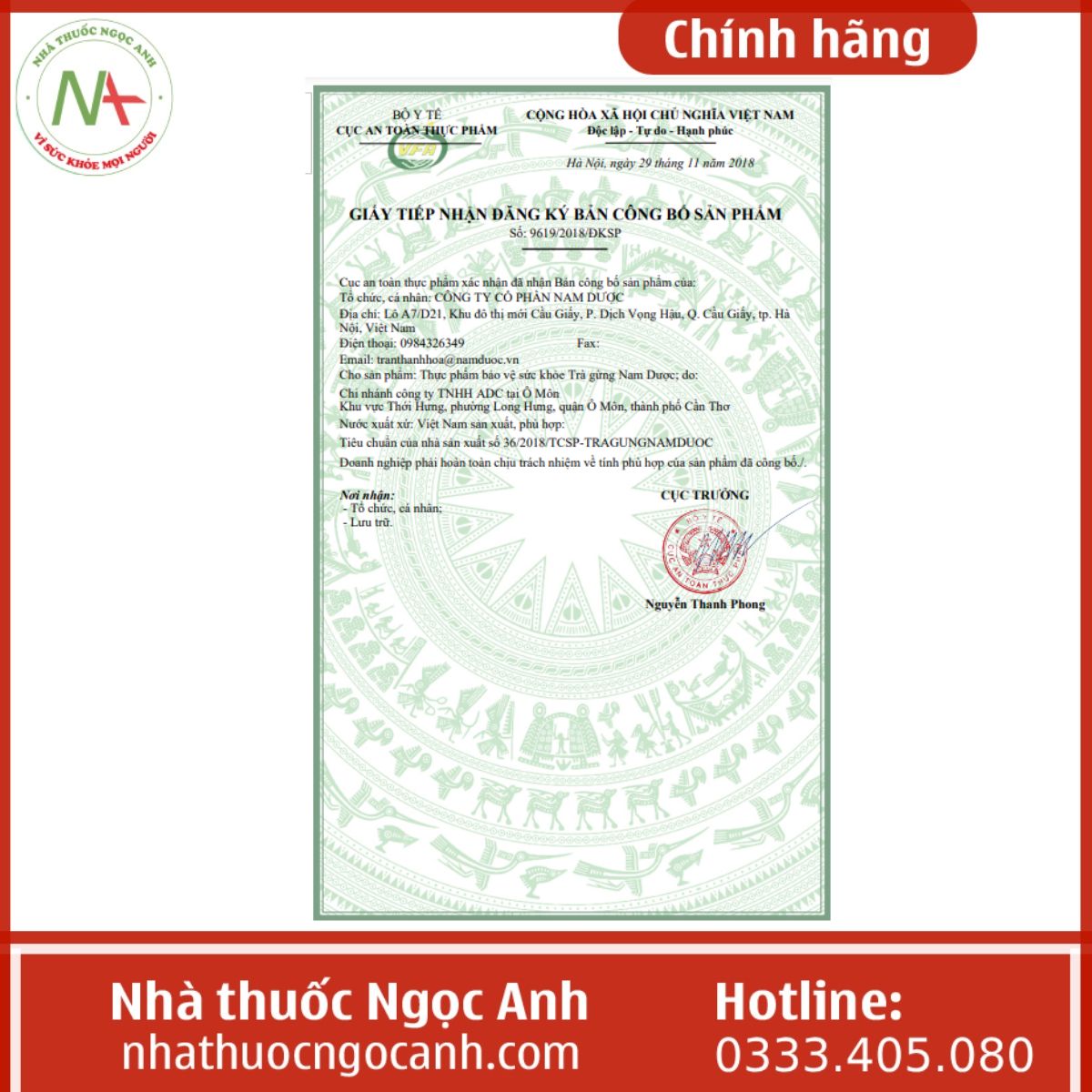 Giấy công bố Trà gừng Nam Dược