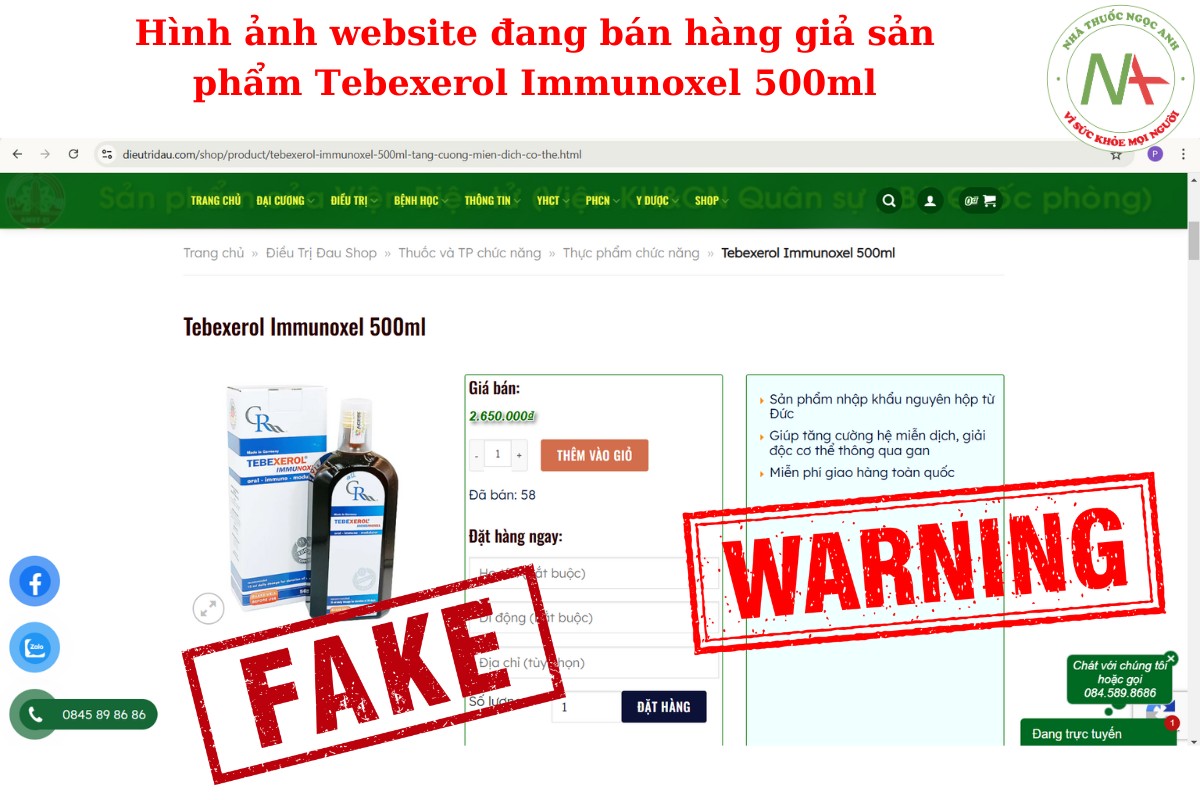 Hình ảnh của trang web đang bán hàng giả Tebexerol Immunoxel 500ml