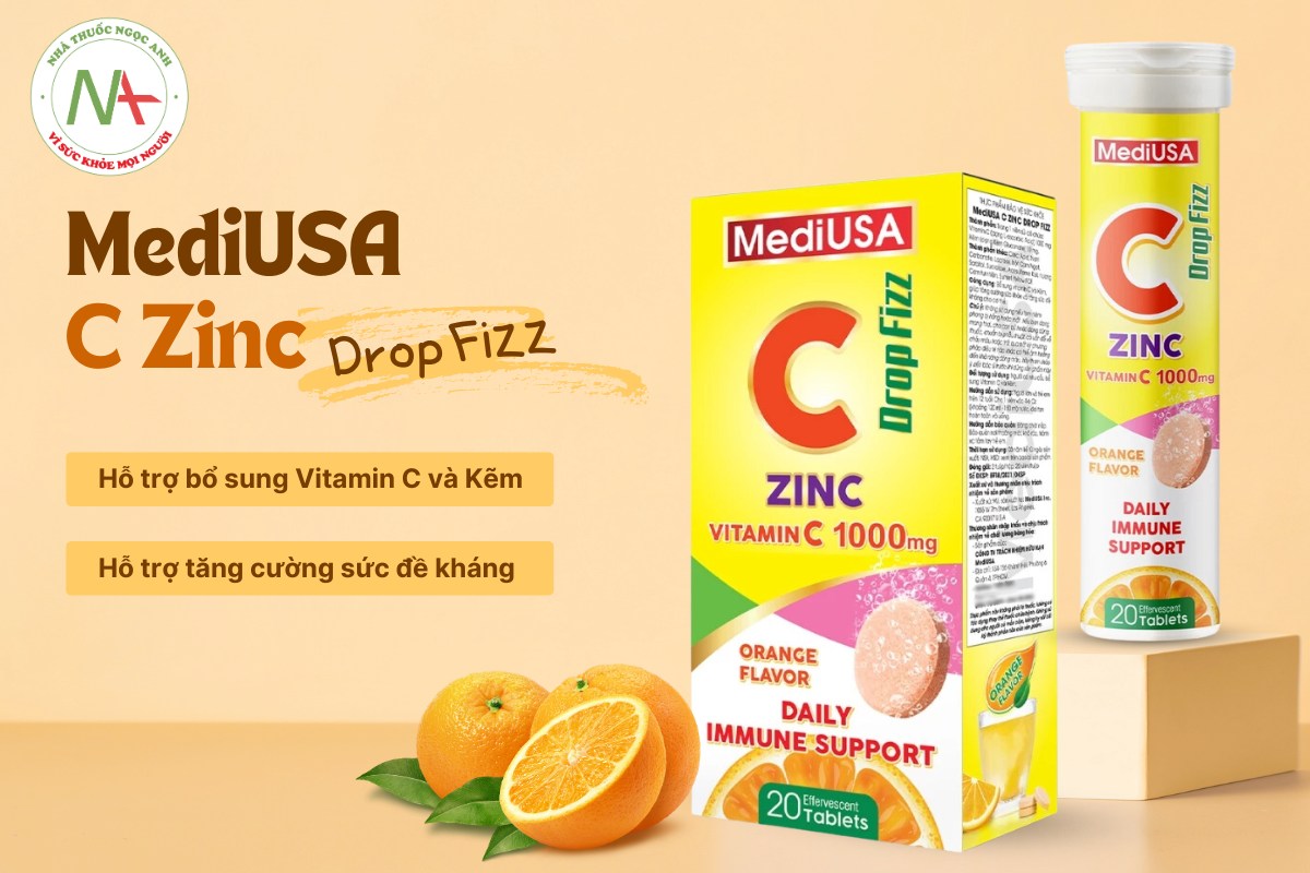 MediUSA C Zinc Drop Fizz hỗ trợ bổ sung Kẽm, Vitamin C nhằm tăng cường đề kháng