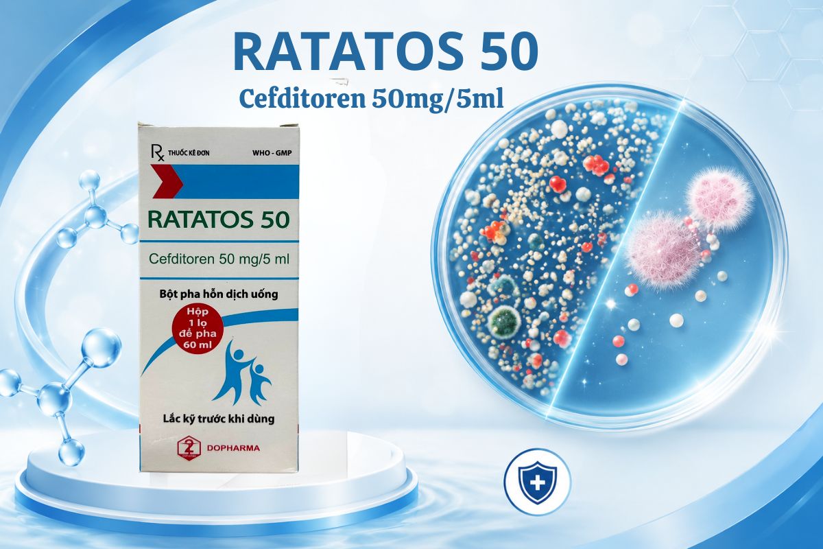 Ratatos 50mg/5ml 3 Thuốc Ratatos 50mg/5ml điều trị nhiễm khuẩn bao gồm viêm xoang, viêm tai giữa, viêm amidan cấp tính ở trẻ em trên 6 tháng tuổi