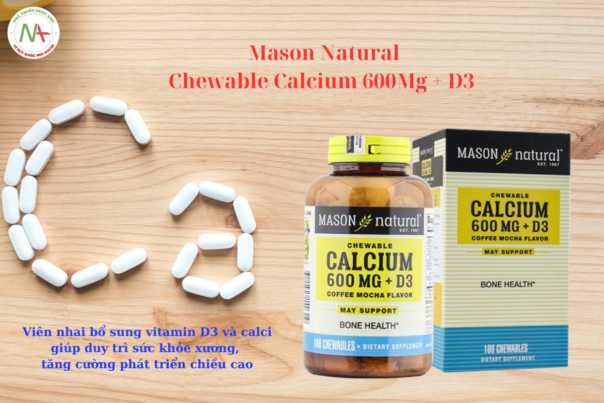 Chewable Calcium 600Mg + D3 Mason Natural bổ sung canxi và vitamin D3