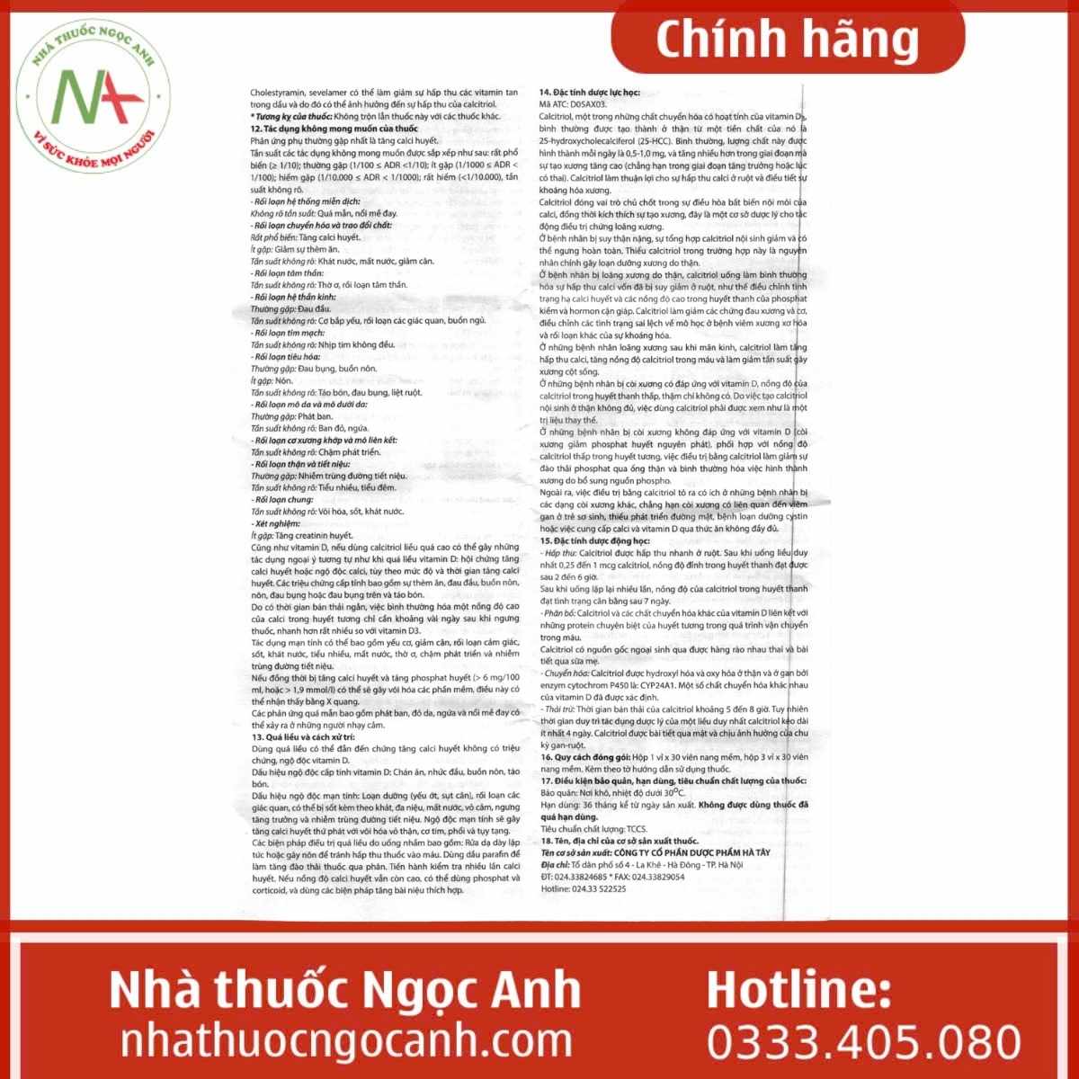 Hướng dẫn sử dụng Calcitriol 0.25mcg Dược Hà Tây