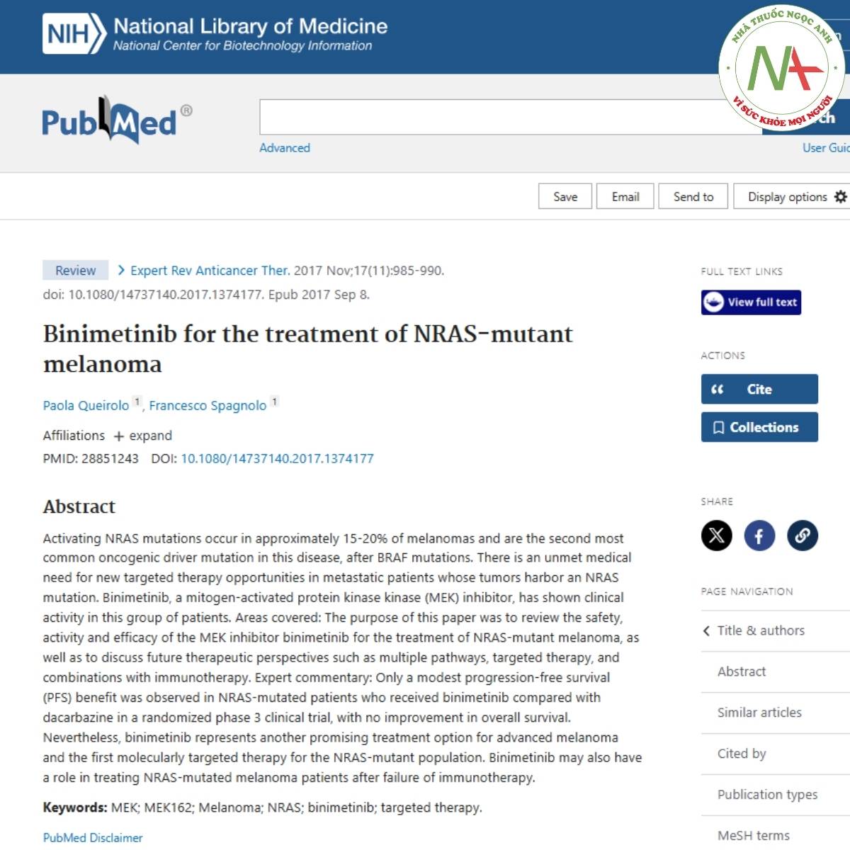 Nghiên cứu vầ Binimetinib: Binimetinib for the treatment of NRAS-mutant melanoma