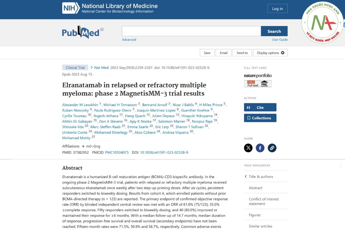 Elranatamab in relapsed or refractory multiple myeloma: phase 2 MagnetisMM-3 trial results