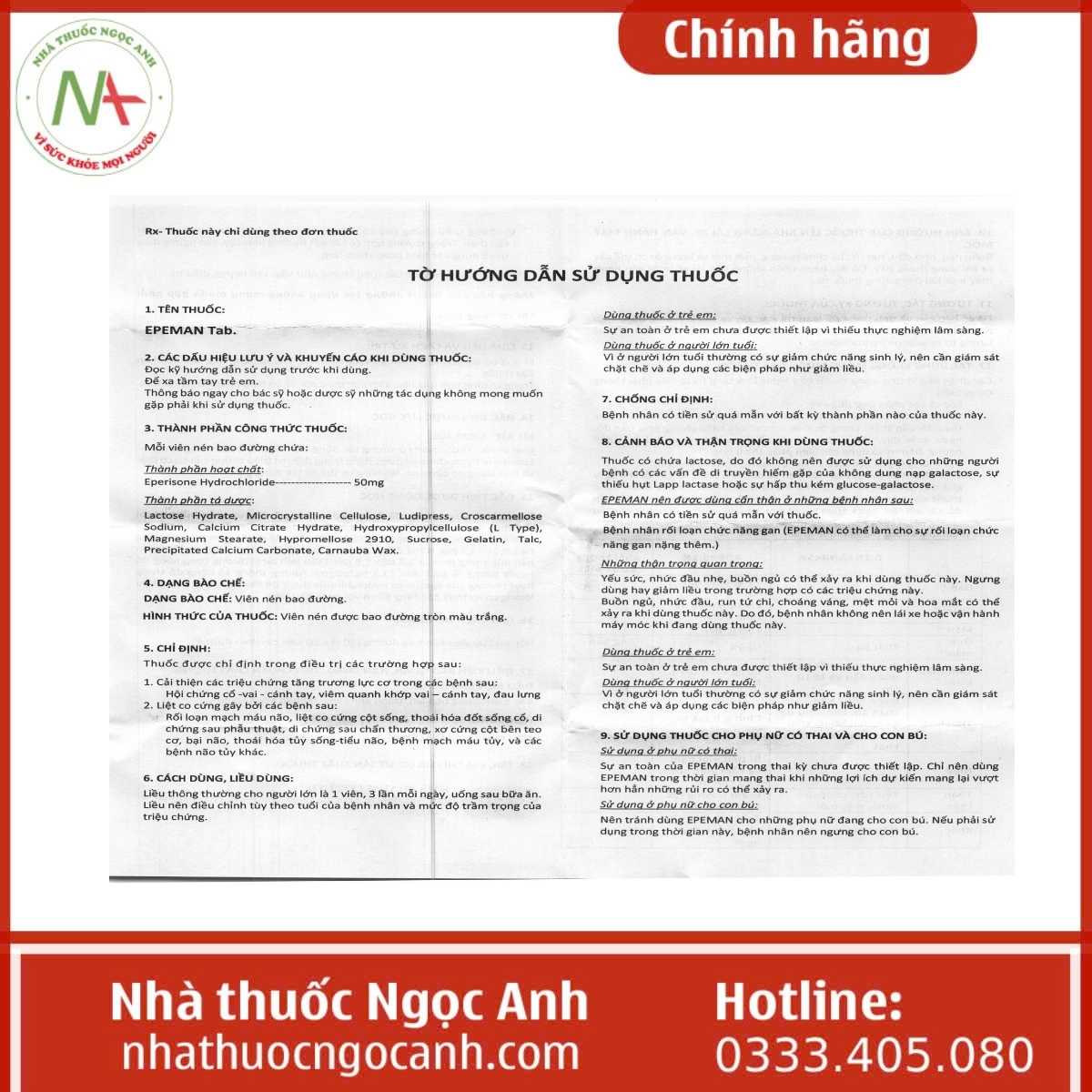 Hướng dẫn sử dụng thuốc Epeman Tab. 50mg