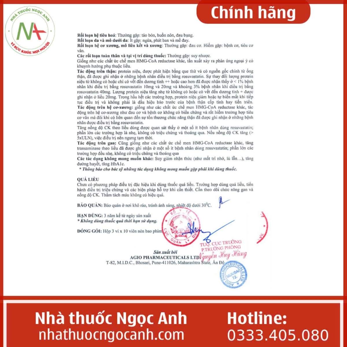 Hướng dẫn sử dụng thuốc Rossuwell 10 Agio