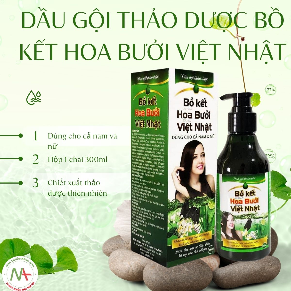 Dầu gội thảo dược Bồ Kết Hoa Bưởi Việt Nhật dưỡng tóc đen và mềm mượt, hạn chế tình trạng rụng tóc