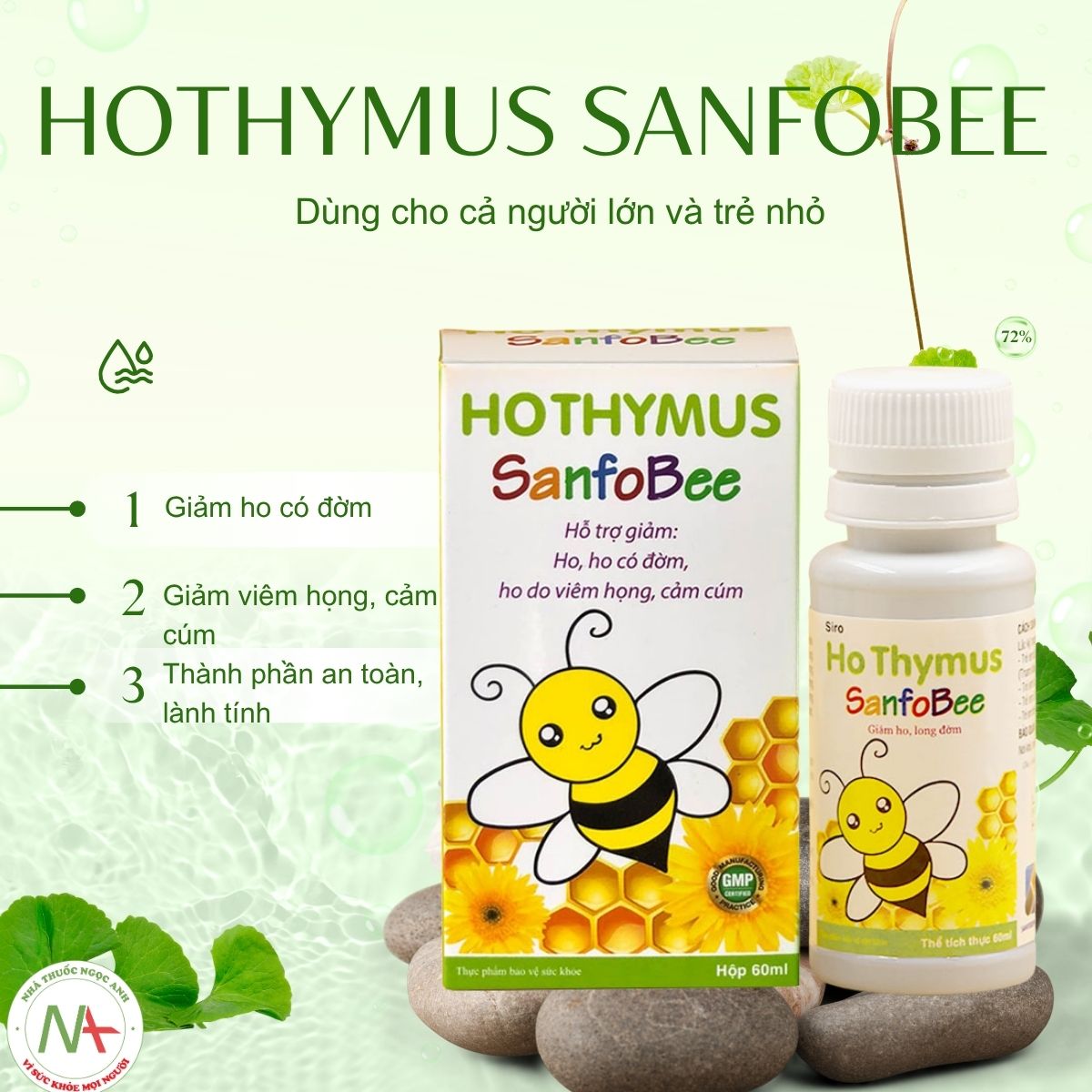 Hothymus Sanfobee 3 Hothymus Sanfobee cải thiện các triệu chứng ho do viêm họng, bao gồm ho khan, ho có đờm