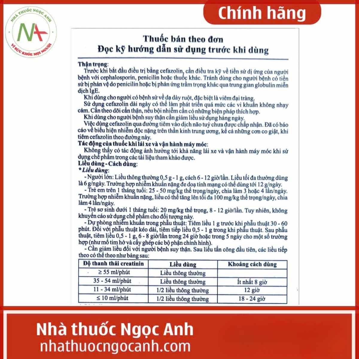 Hướng dẫn sử dụng thuốc Cefazolin 1g Minh Dân