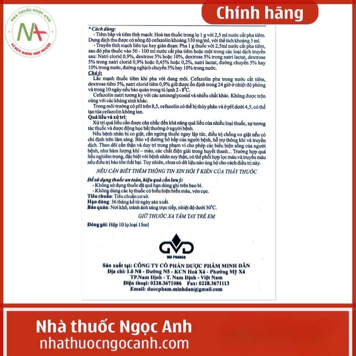 Hướng dẫn sử dụng thuốc Cefazolin 1g Minh Dân