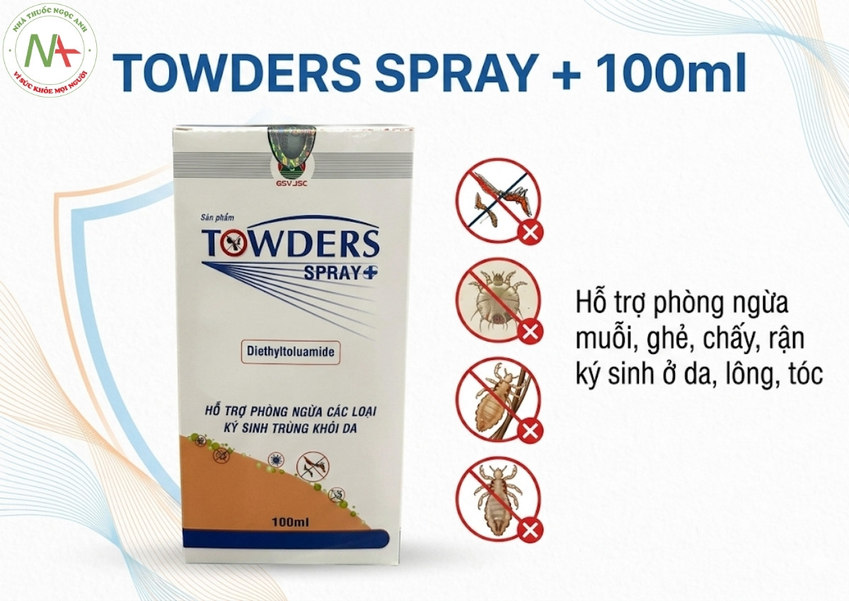 Towders Spray + 100ml 6 Towders Spray + 100ml hỗ trợ phòng ngừa muỗi, ghẻ, chấy, rận ký sinh ở da, lông, tóc