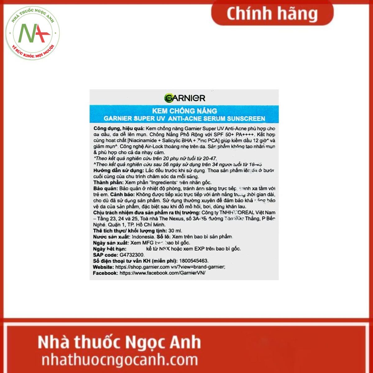 Kem chống nắng Garnier Super UV Anti-Acne