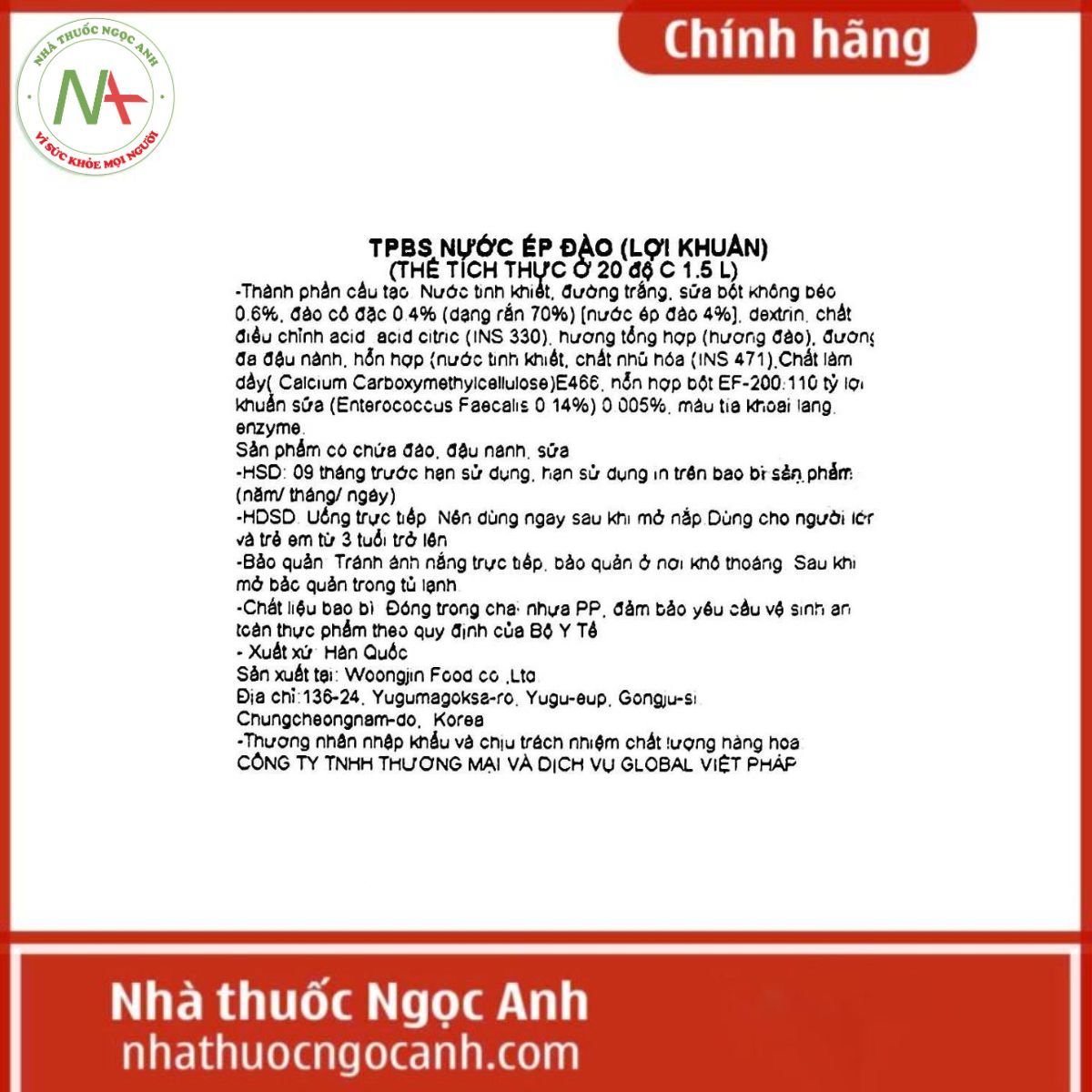 Nước ép đào lợi khuẩn Woongjin 340ml