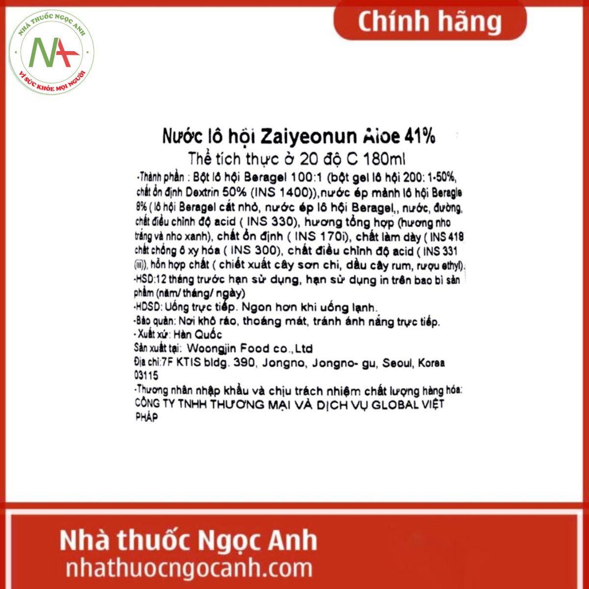 Nước nha đam Zaiyeonun Aloe 41% 180ml