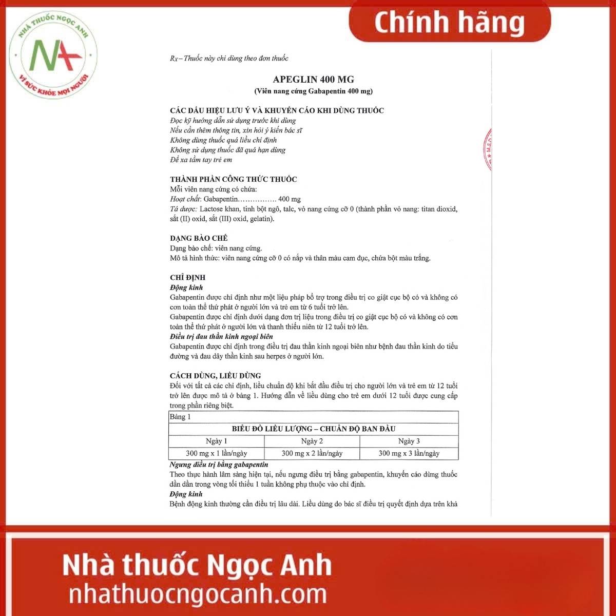 Hướng dẫn sử dụng thuốc Apeglin 400mg