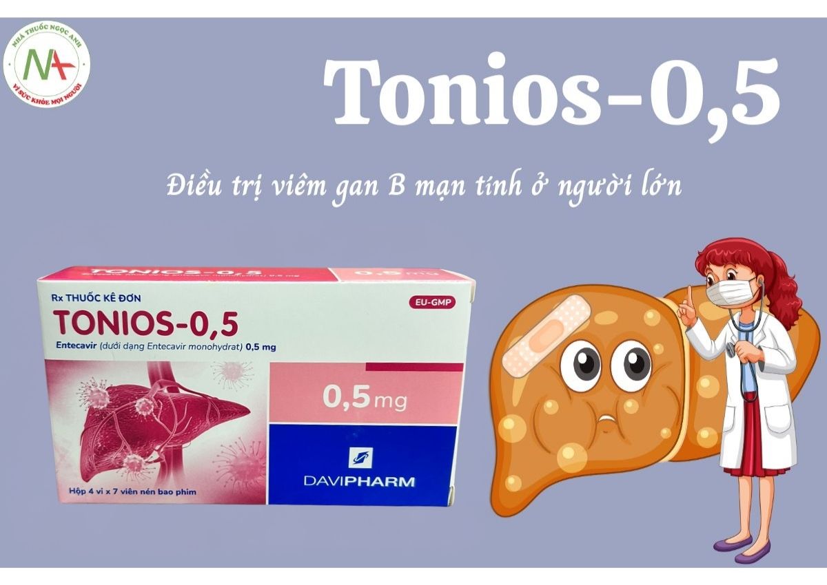 Tonios-0,5 3 Thuốc Tonios-0,5 là thuốc kê đơn với thành phần hoạt chất Entecavir nhằm mục đích kháng lại virus HBV, được sử dụng cho các bệnh nhân bị viêm gan B.