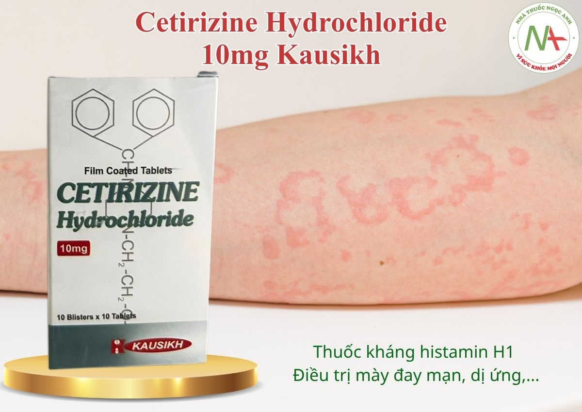 Cetirizine Hydrochloride 10mg Kausikh 3 Thuốc Cetirizine Hydrochloride 10mg Kausikh giảm triệu chứng của viêm mũi dị ứng, mày đay mạn