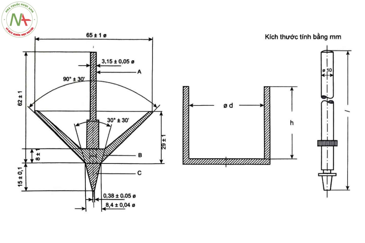 VASELIN TRẮNG 3 Hình 2.a - Nón lớn (m1 = 102,5 ± 0,05 g); cốc chứa mẫu thử (d = 102 mm hoặc 75 mm, h ≥ 62 mm) và trục (l = 162 mm, m2 = 47,5 ± 0,05 g)