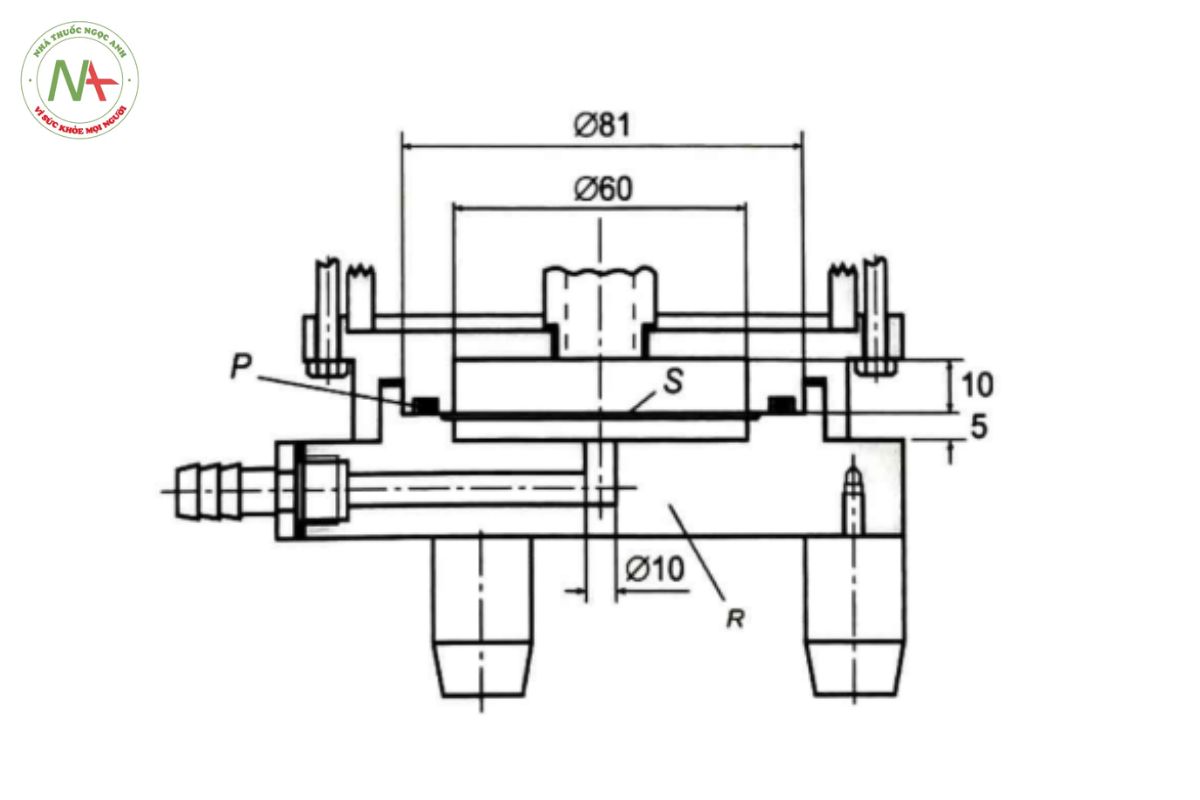 PHỤ LỤC 11.11 ĐÁNH GIÁ KHÍ ĐỘNG HỌC CÁC TIỂU PHÂN CỦA THUỐC HÍT 5 Hình 11.11.6 - Thiết bị C: Chi tiết ngăn chứa màng lọc (ngăn 5).Các con số chỉ kích thước (Ø = đường kính). Chữ in hoa tham khảo Bảng 11.11.2. (Kích thước tính bằng mm)