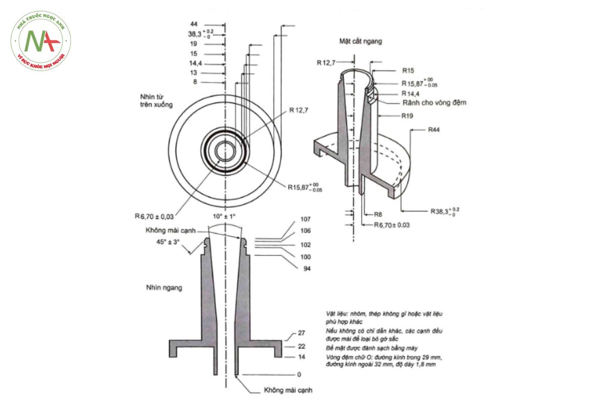 PHỤ LỤC 11.11 ĐÁNH GIÁ KHÍ ĐỘNG HỌC CÁC TIỂU PHÂN CỦA THUỐC HÍT 9 Hình 11.11.10 - Nắp kết nối ống dẫn vào với ngăn tiền phân tách của buồng thu nhiều ngăn kiểu Andersen