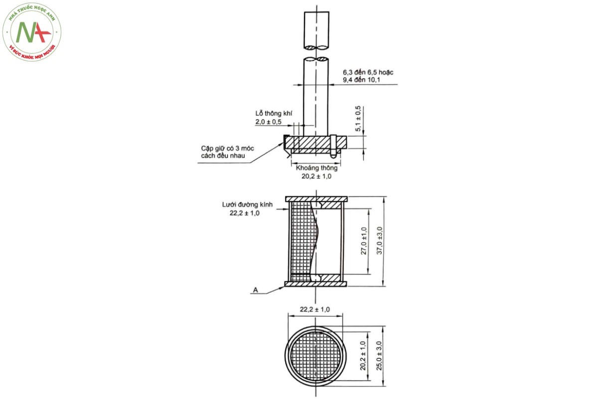 Phụ lục 11.4 - PHÉP THỬ ĐỘ HÒA TAN CỦA DẠNG THUỐC RẮN PHÂN LIỀU 2 Hình 11.4.1 - Thiết bị thử độ hòa tan kiểu giỏ quay (kiểu 1) (Kích thước tính bằng mm)