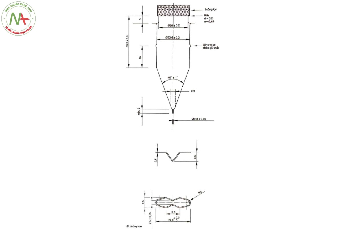 Phụ lục 11.4 - PHÉP THỬ ĐỘ HÒA TAN CỦA DẠNG THUỐC RẮN PHÂN LIỀU 5 Hình 11.4.3 - Thiết bị thử độ hòa tan kiểu 3, loại buồng lớn (phía trên), bộ phận giữ mẫu thử (phía dưới) (Kích thước tính bằng mm)