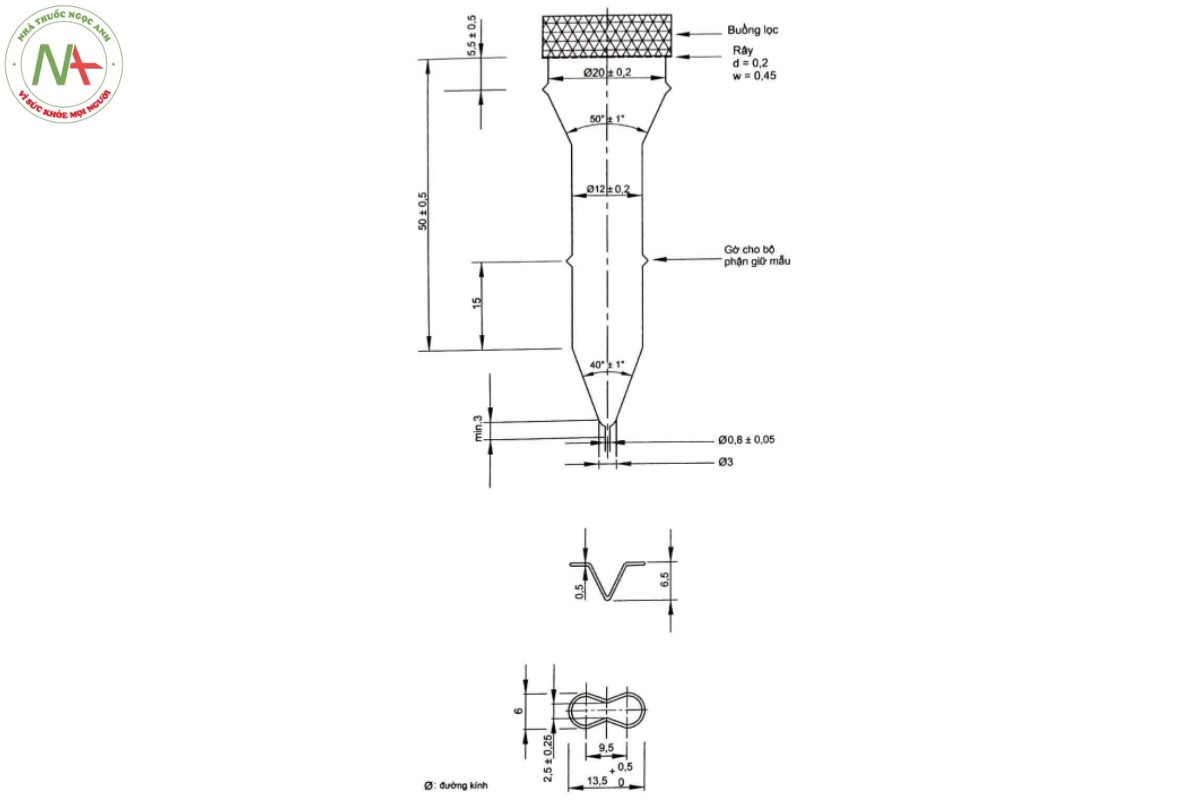 Phụ lục 11.4 - PHÉP THỬ ĐỘ HÒA TAN CỦA DẠNG THUỐC RẮN PHÂN LIỀU 6 Hình 11.4.4 - Thiết bị thử độ hòa tan kiểu 3, loại buồng nhỏ (phía trên), bộ phận giữ mẫu thử (phía dưới) (Kích thước tính bằng mm)