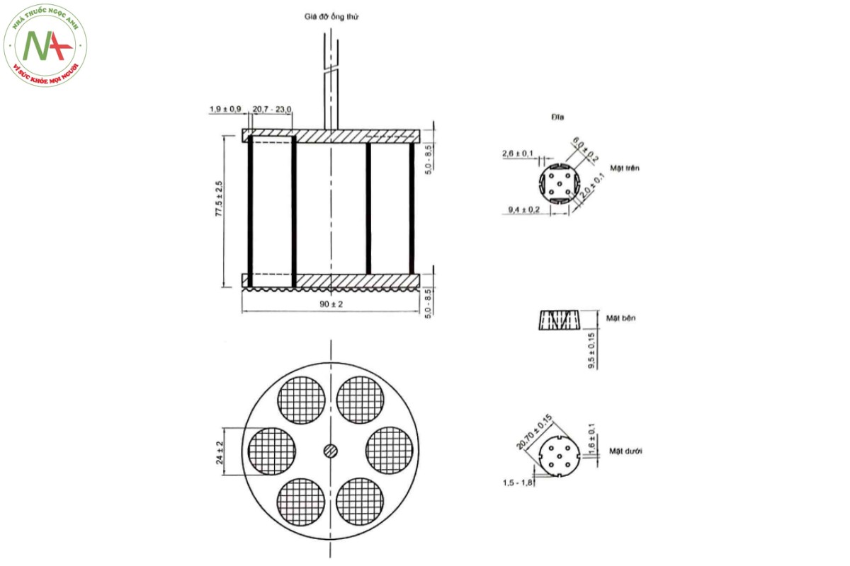 Phụ lục 11.6 - PHÉP THỬ ĐỘ RÃ CỦA VIÊN NÉN VÀ NANG 2 Hình 11.6.1 - Thiết bị thử độ rã của viên nén và nang cỡ bình thường (Kích thước tính bằng mm)